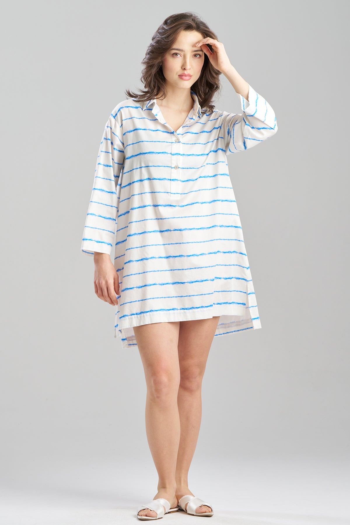 Shibori Cotton Sateen Sleepshirt White Blue Combo Natori