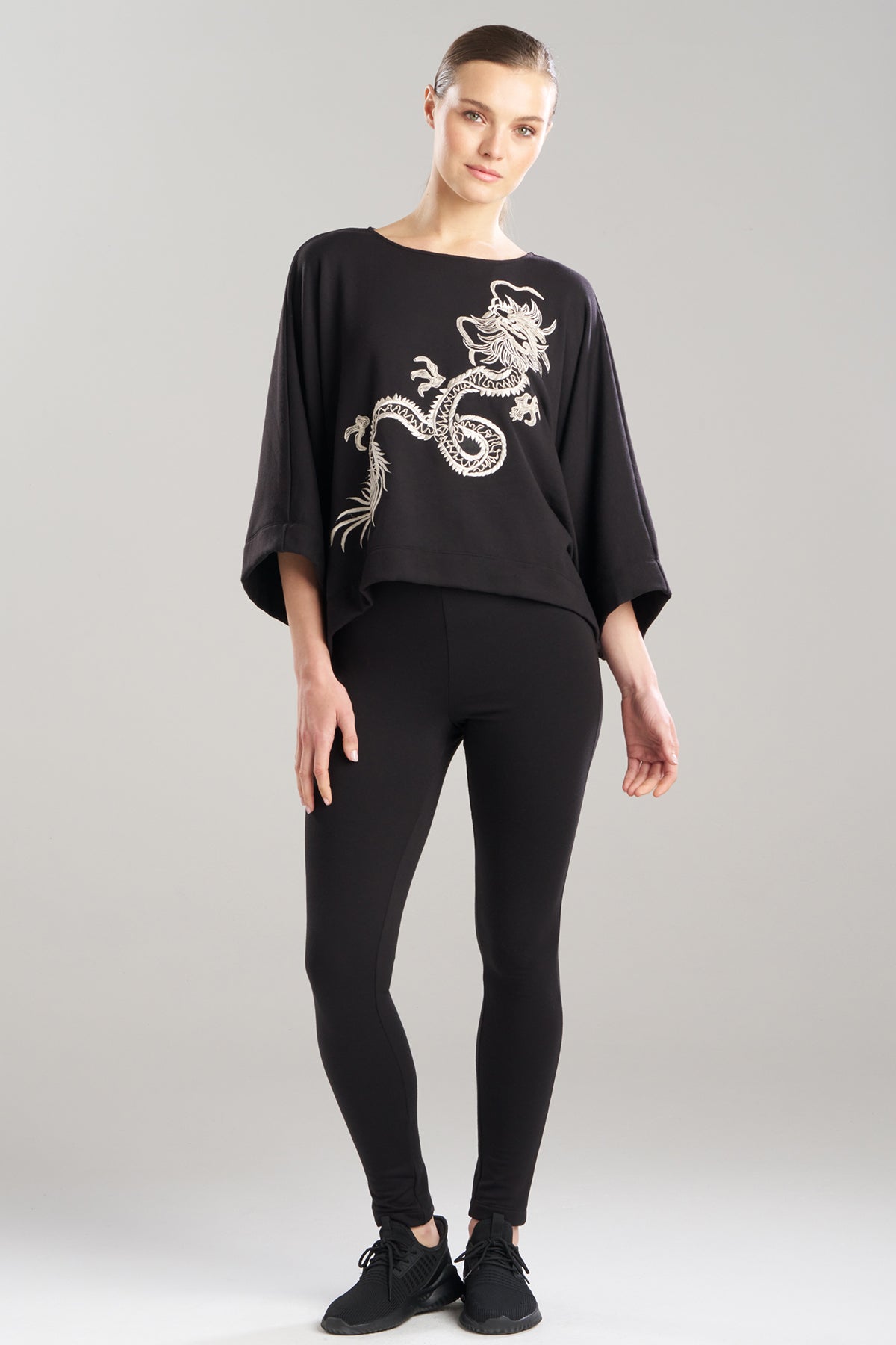 Cocoon Brushed French Terry Dragon Embroidered Kimono Top Black Natori