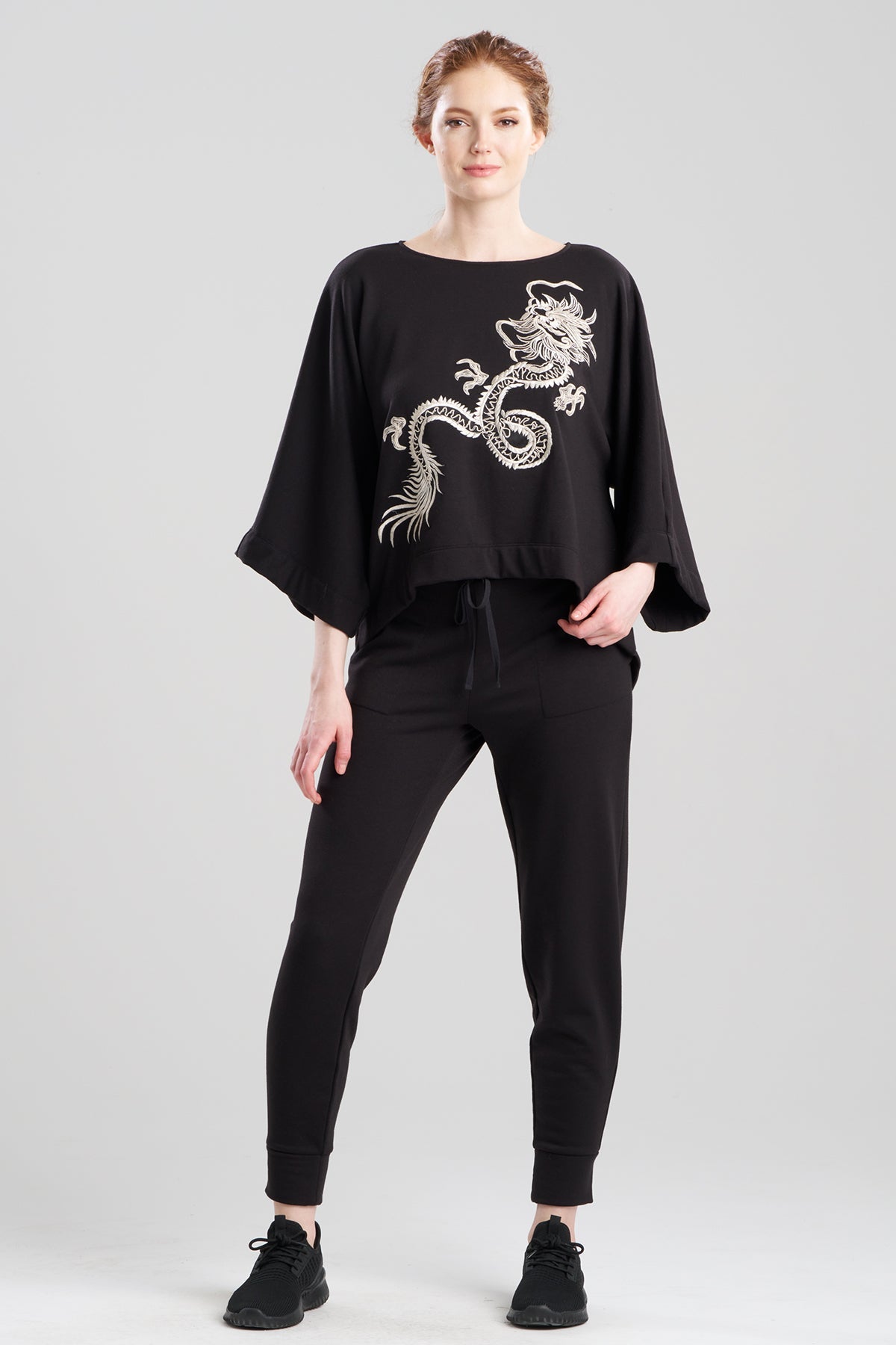 Cocoon Brushed French Terry Dragon Embroidered Kimono Top Black Natori
