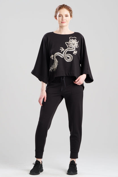 Cocoon Brushed French Terry Dragon Embroidered Kimono Top Black Natori