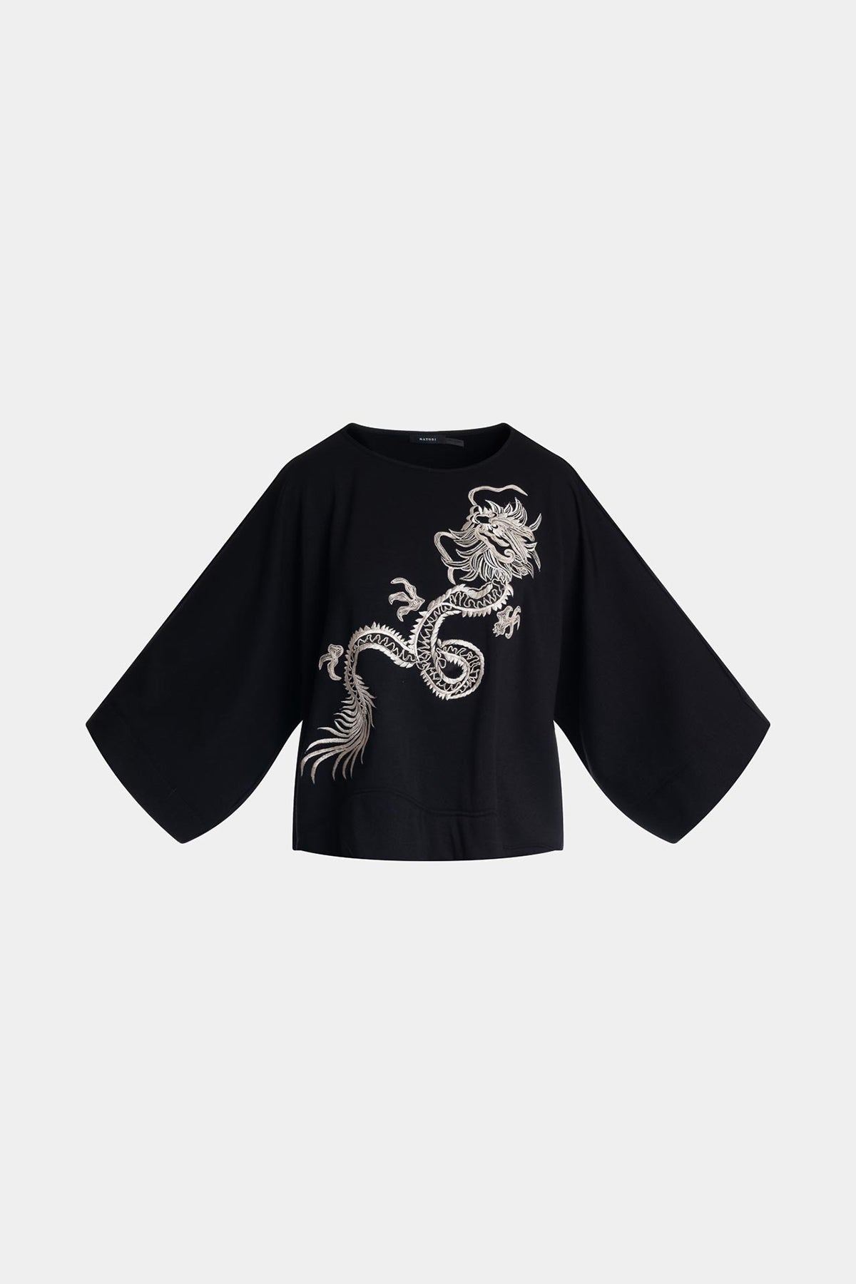 Cocoon Brushed French Terry Dragon Embroidered Kimono Top Black Natori