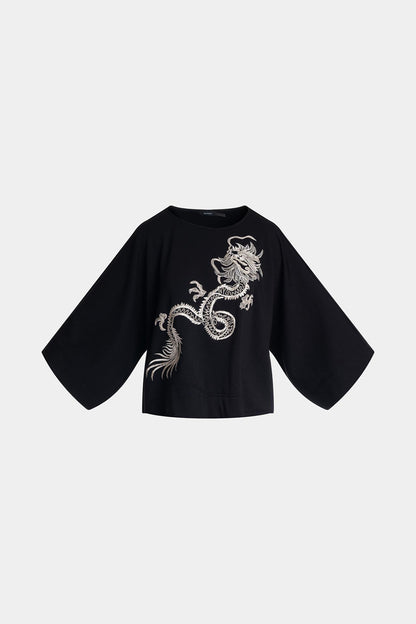 Cocoon Brushed French Terry Dragon Embroidered Kimono Top Black Natori