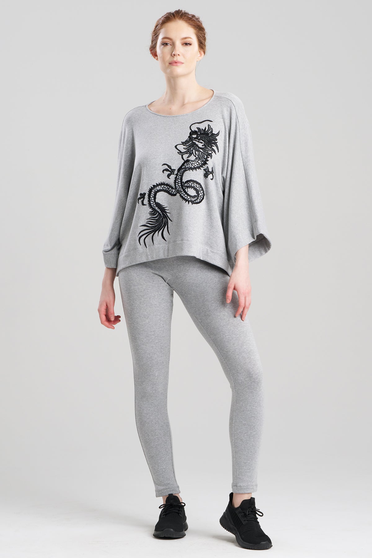 Cocoon Brushed French Terry Dragon Embroidered Kimono Top Ht. Grey Natori