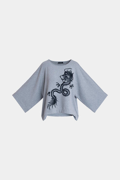 Cocoon Brushed French Terry Dragon Embroidered Kimono Top Ht. Grey Natori