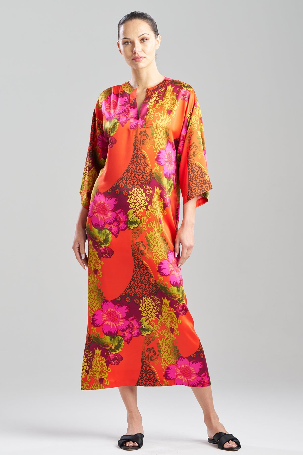 Harvest Printed Satin Slim Caftan Harvest Orange Natori