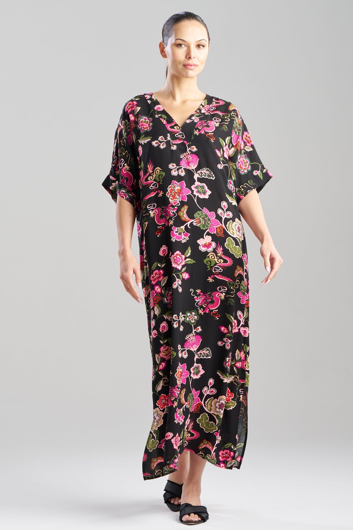 Fleur Dragon Printed Challis Dolman Caftan Fleur Dragon Black Natori