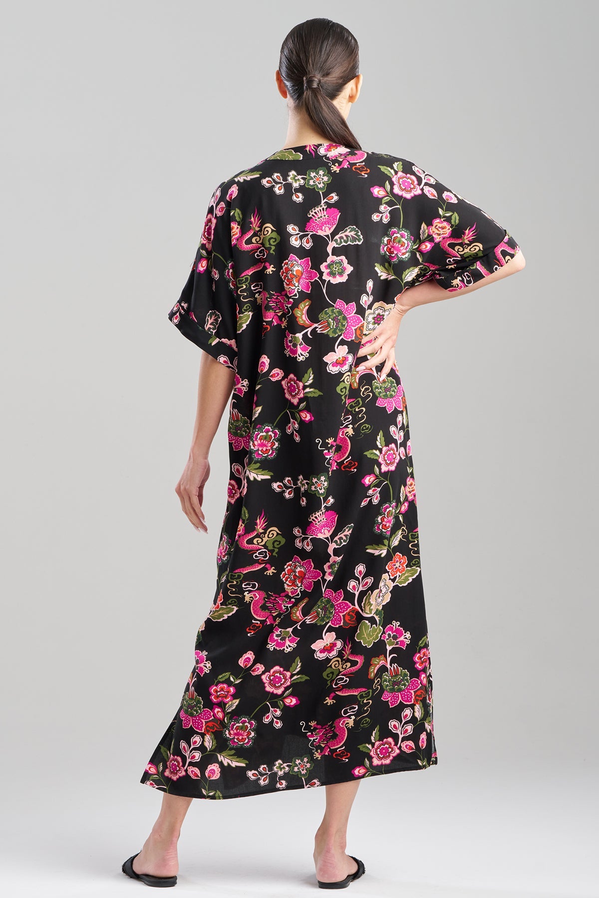Fleur Dragon Printed Challis Dolman Caftan Fleur Dragon Black Natori