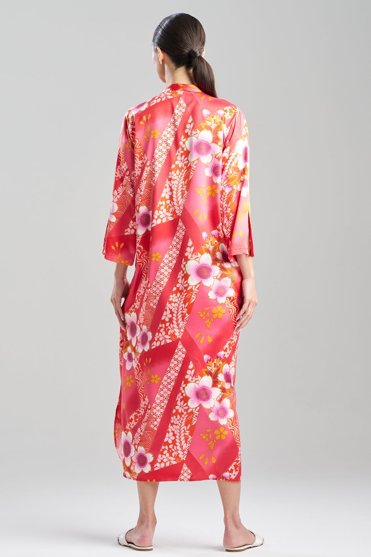 Magnolia Printed Satin Mandarin Caftan Deep Rasberry Natori