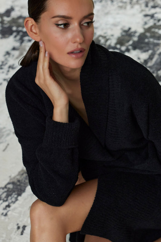 Buy Aura Solid Chenille Cardigan in Black Online Black Natori