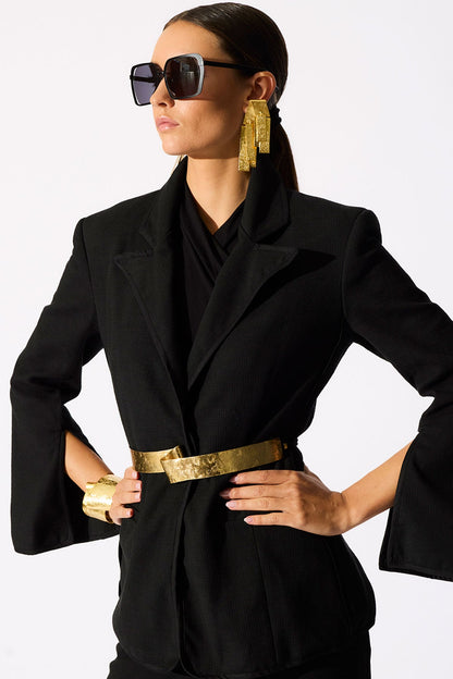 Stretch Basketweave Cotton Slit Cuffed Jacket Black Natori