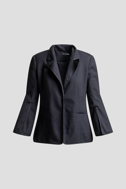 Stretch Basketweave Cotton Slit Cuffed Jacket Black Natori