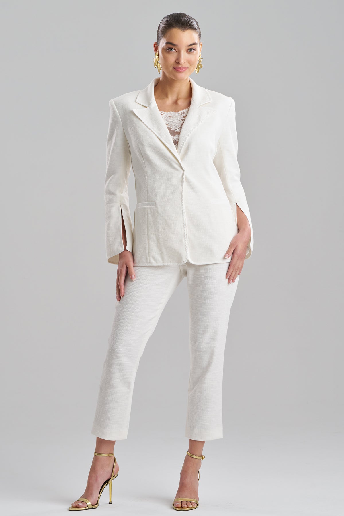 Stretch Basketweave Cotton Slit Cuffed Jacket Warm White Natori