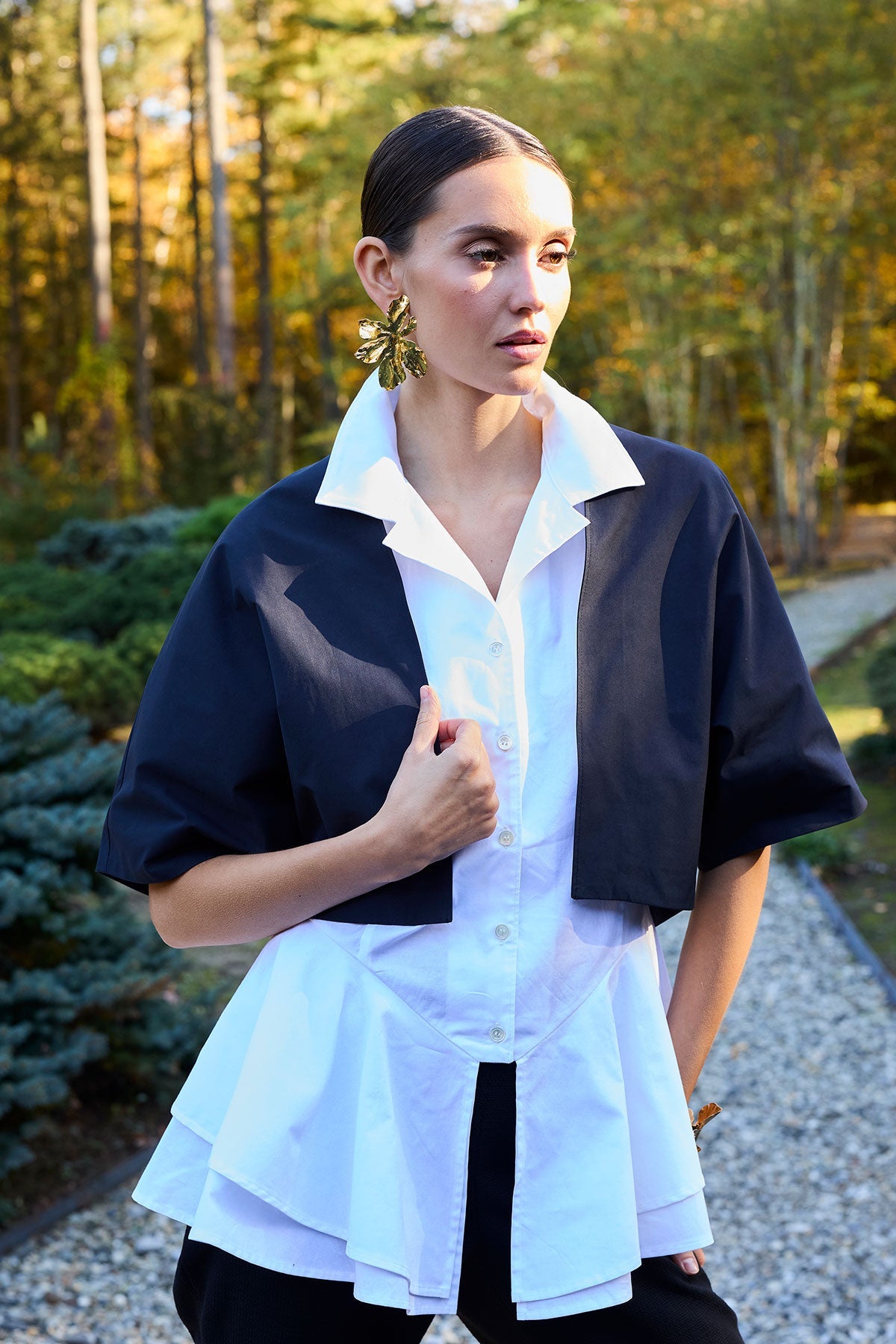 Cotton Poplin Tiered Hem Short Sleeve Shirt White Natori