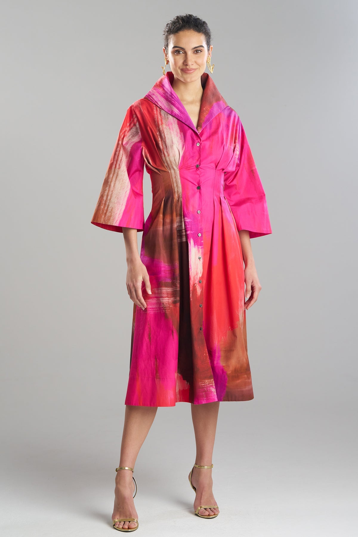 Brushstroke Cotton Taffeta Bell Sleeve Shirtdress Magenta Natori