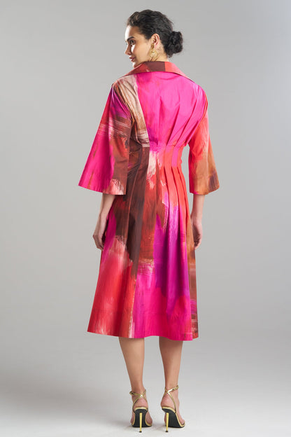 Brushstroke Cotton Taffeta Bell Sleeve Shirtdress Magenta Natori