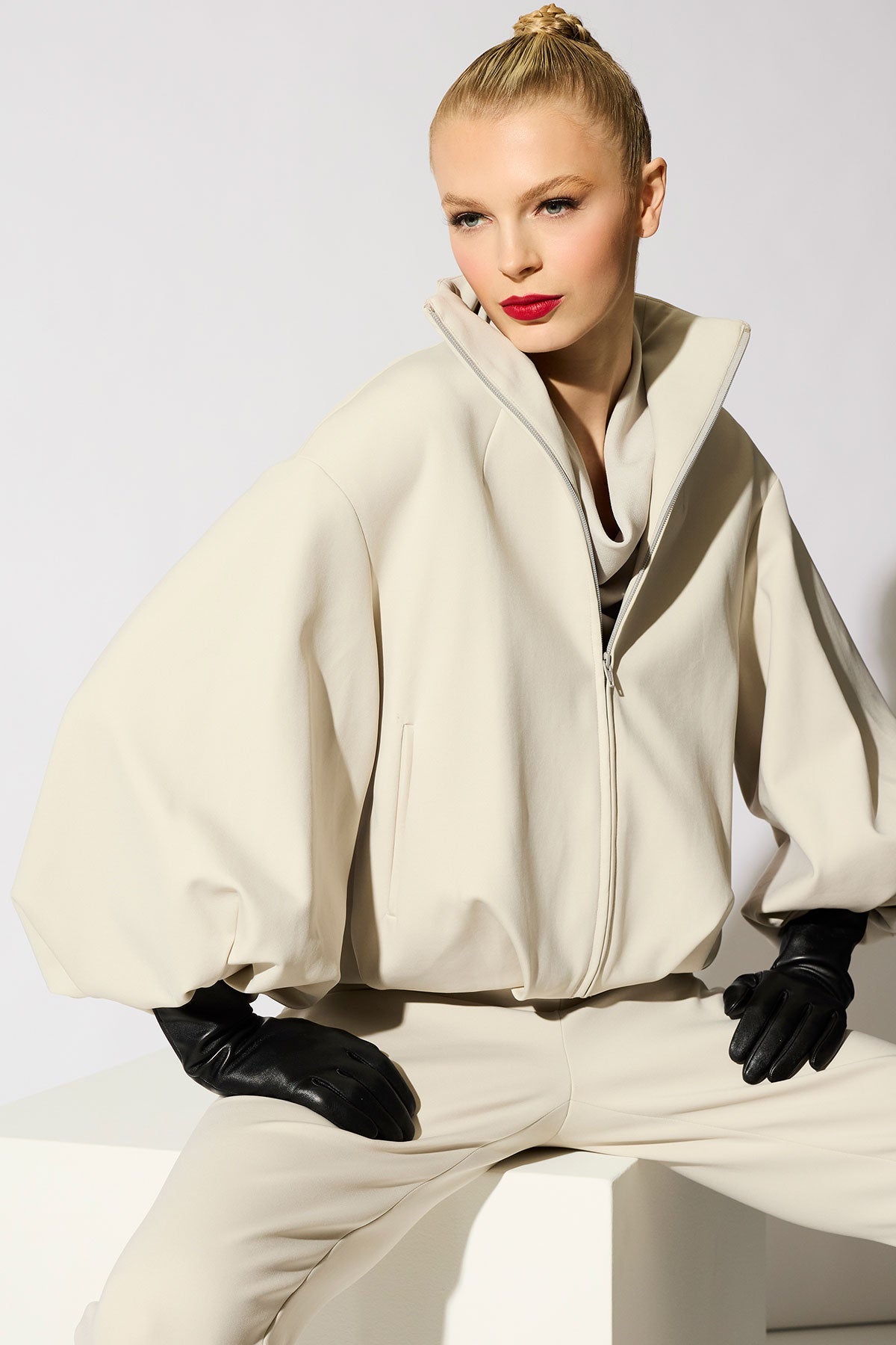 Techno Crepe Bomber Jacket Pearl Natori