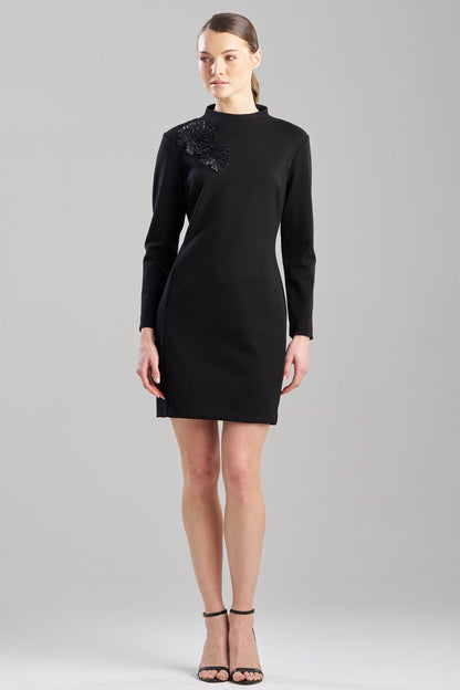 Double Knit Mock Neck Embellished Sheath Dress Black Natori