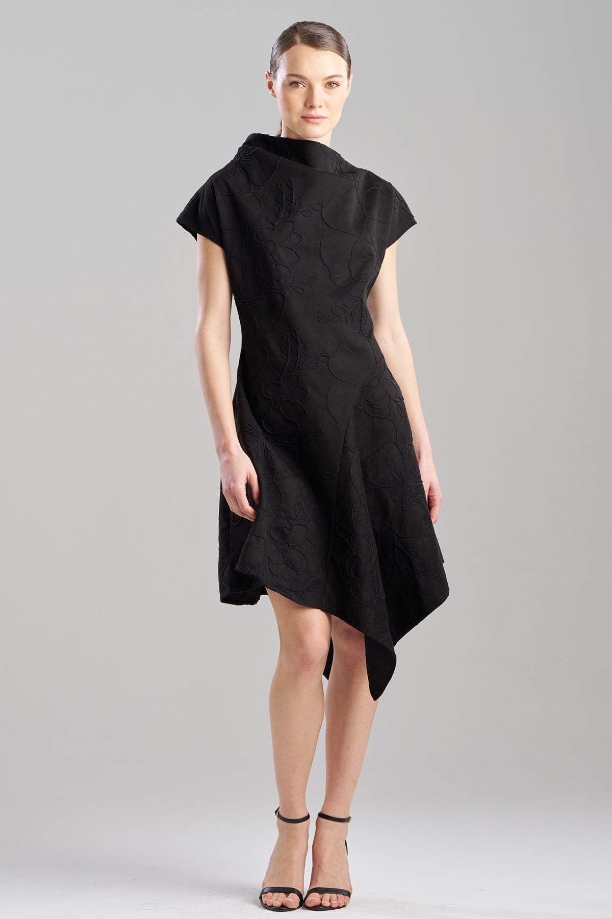 Embroidered Faux Suede Asymmetric Dress Black Natori