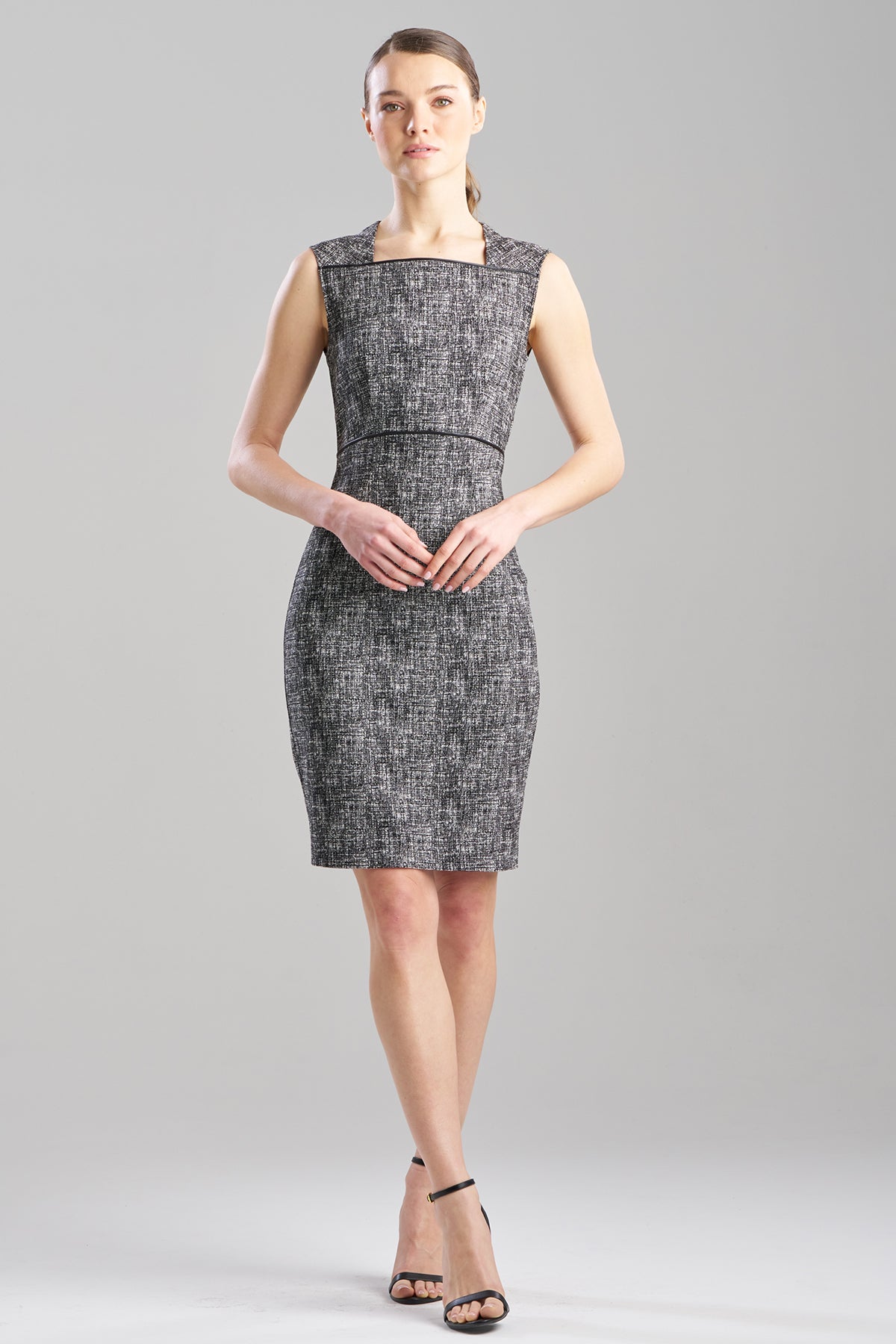 Double Weave Jacquard Square Neck Sheath Dress Black/White Natori