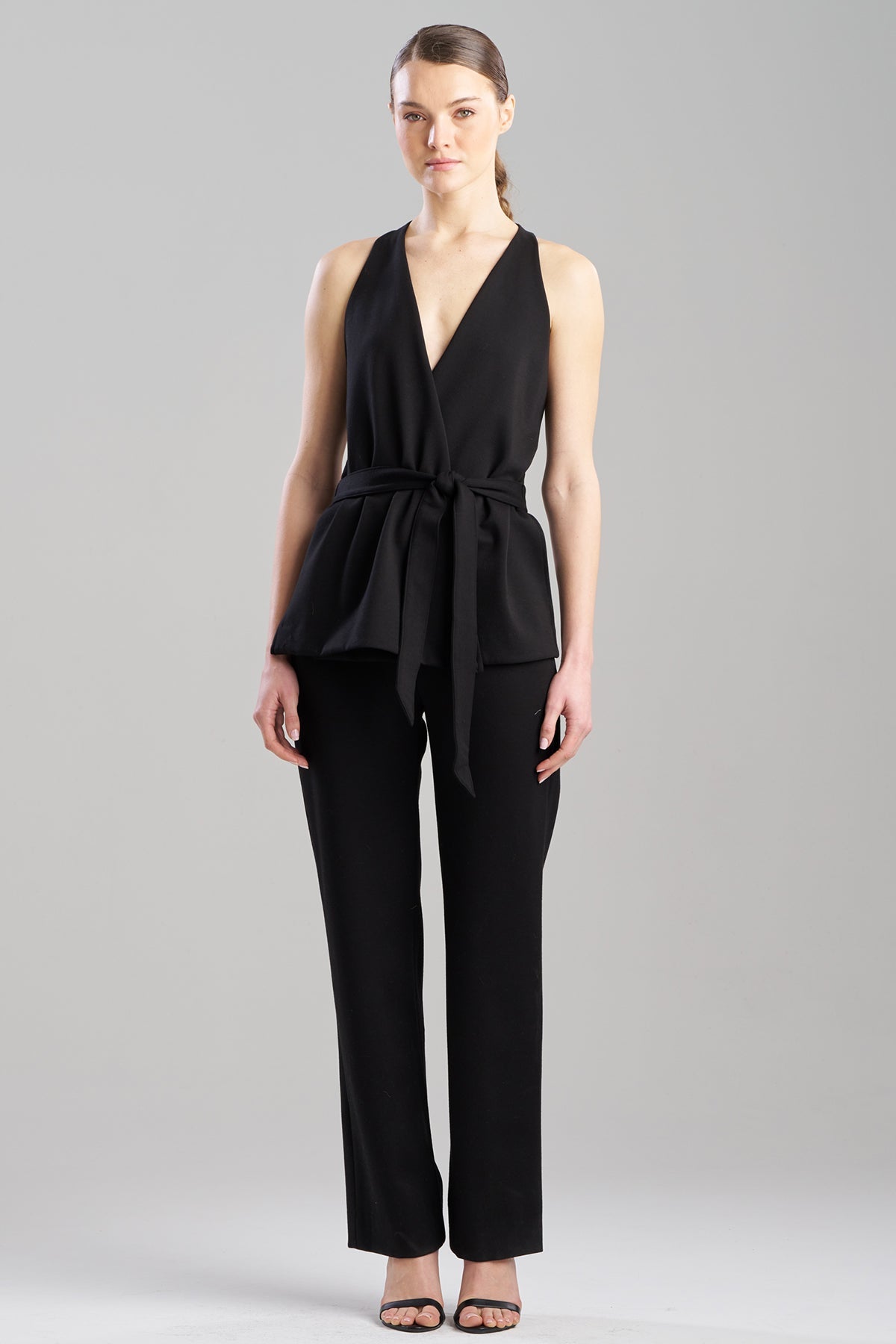 Double Knit Belted V-Neck Jumpsuit Black Natori