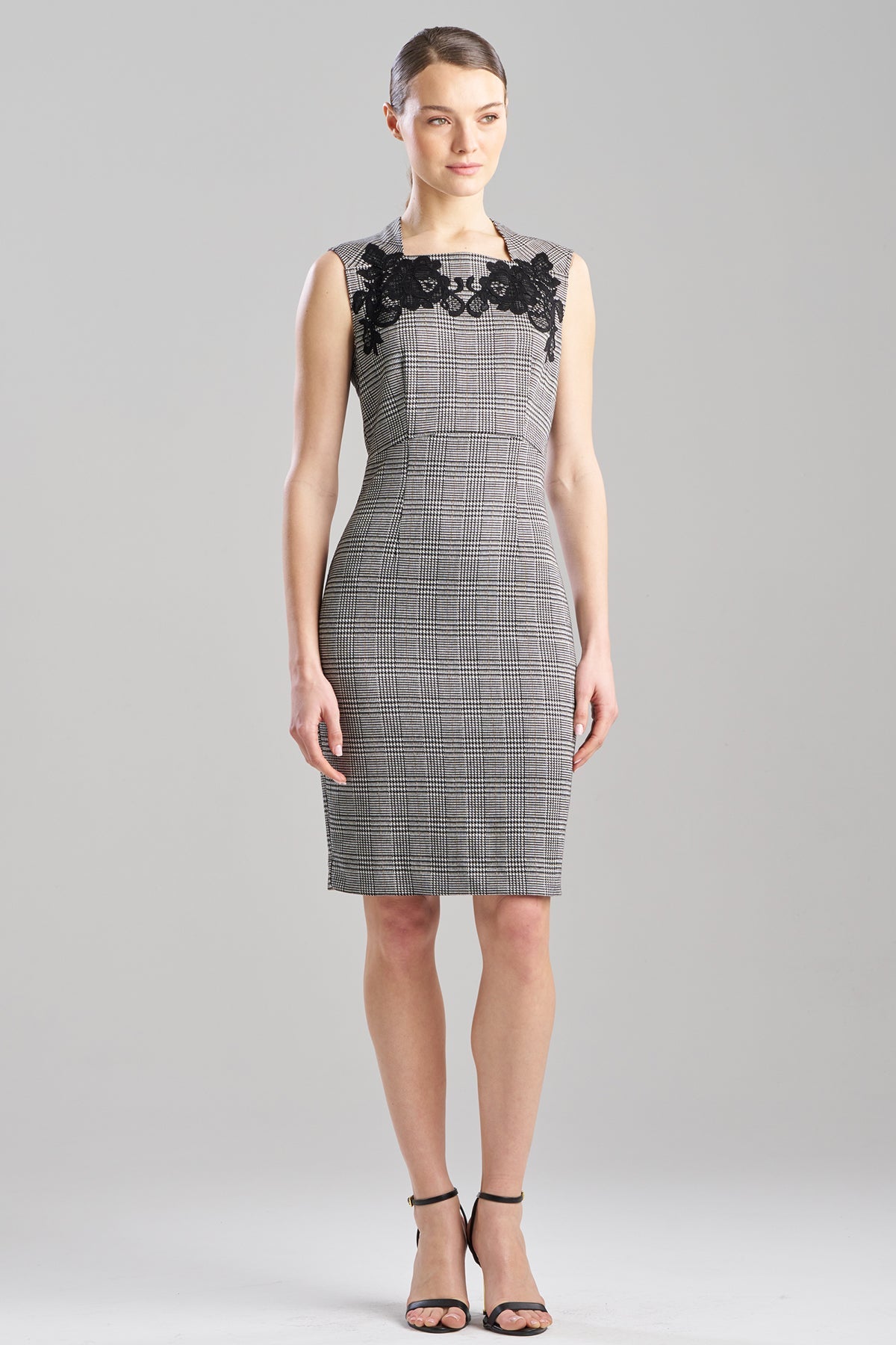 Check Lace Embellished Sheath Dress Grey/Black Natori