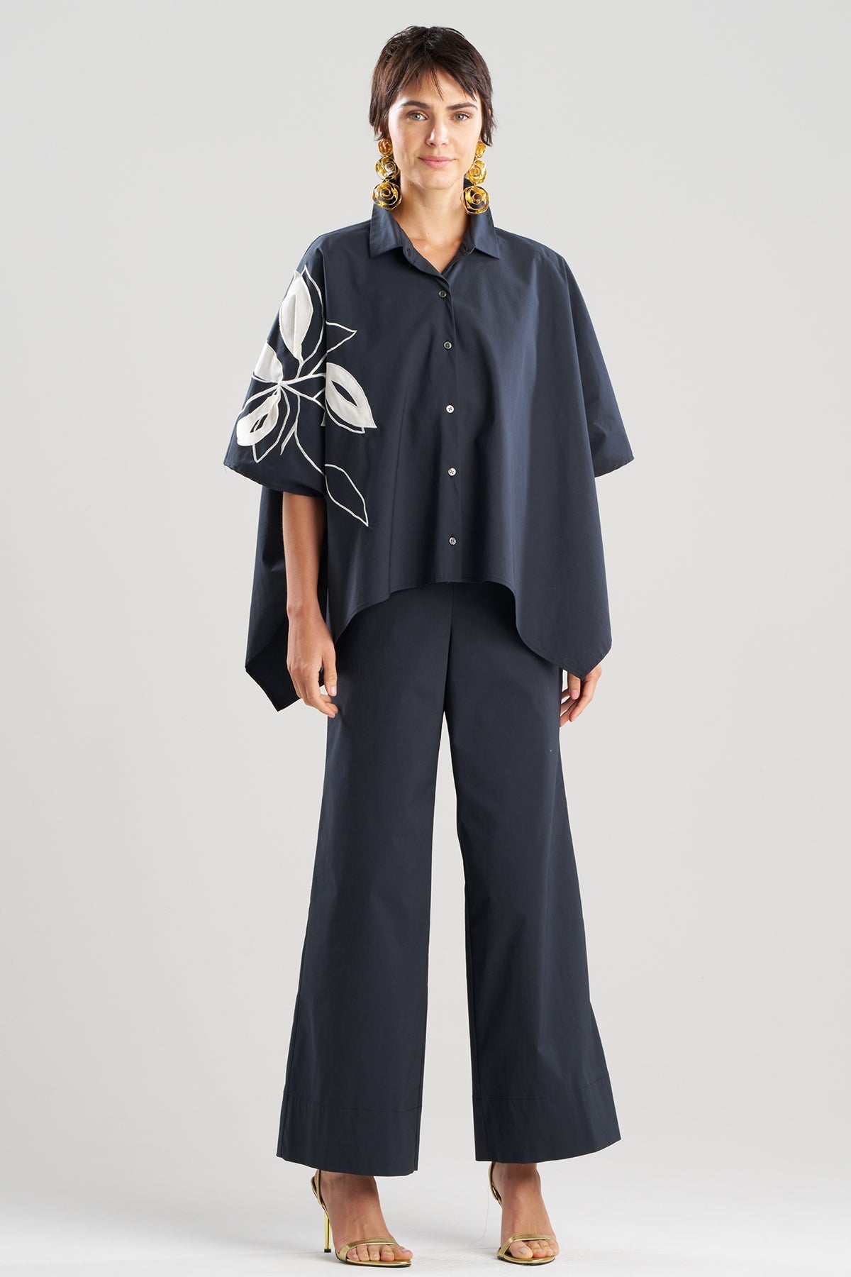 Tech Cotton Taffeta Embroidered Button Down Caftan Shirt Black Natori