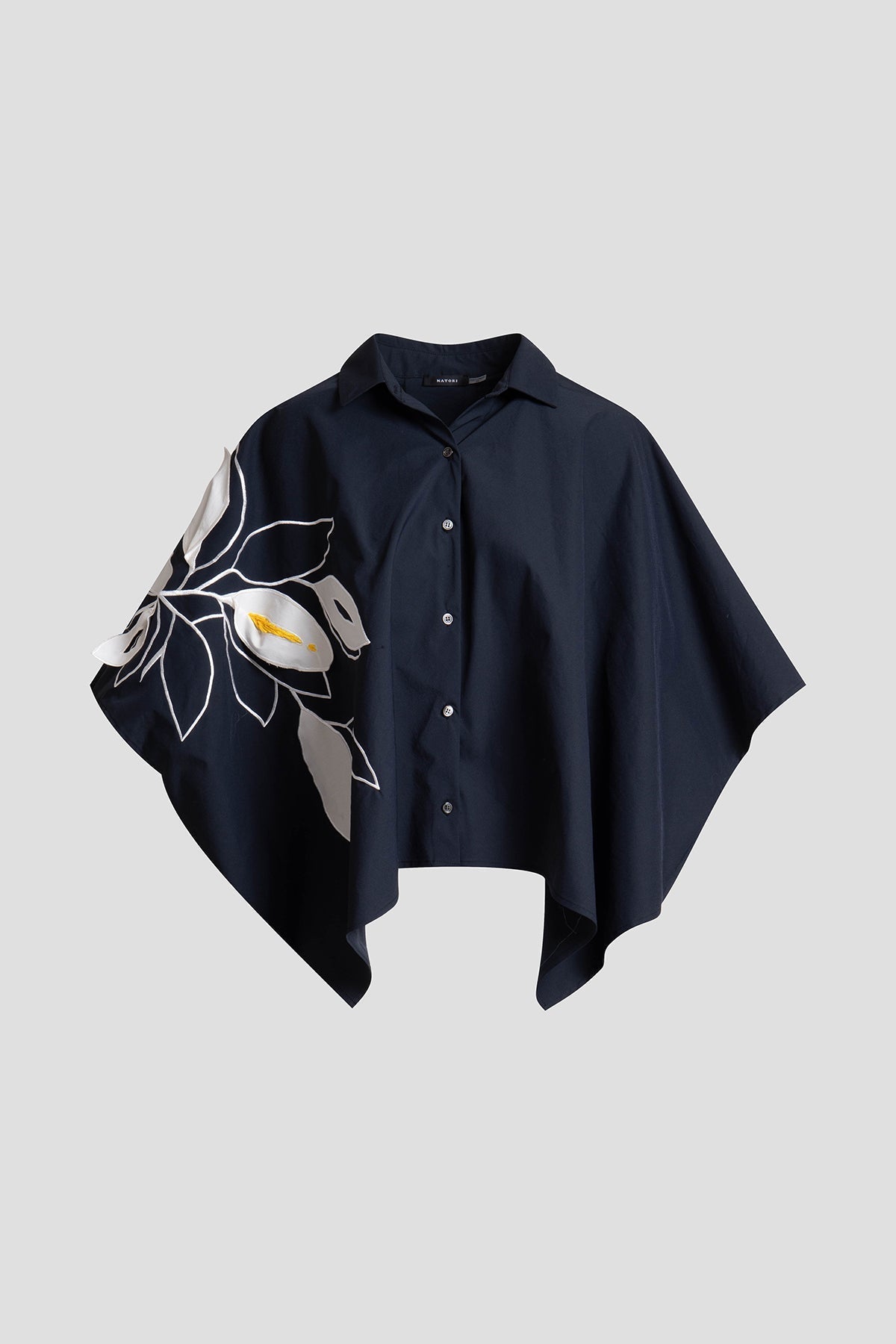 Tech Cotton Taffeta Embroidered Button Down Caftan Shirt Black Natori