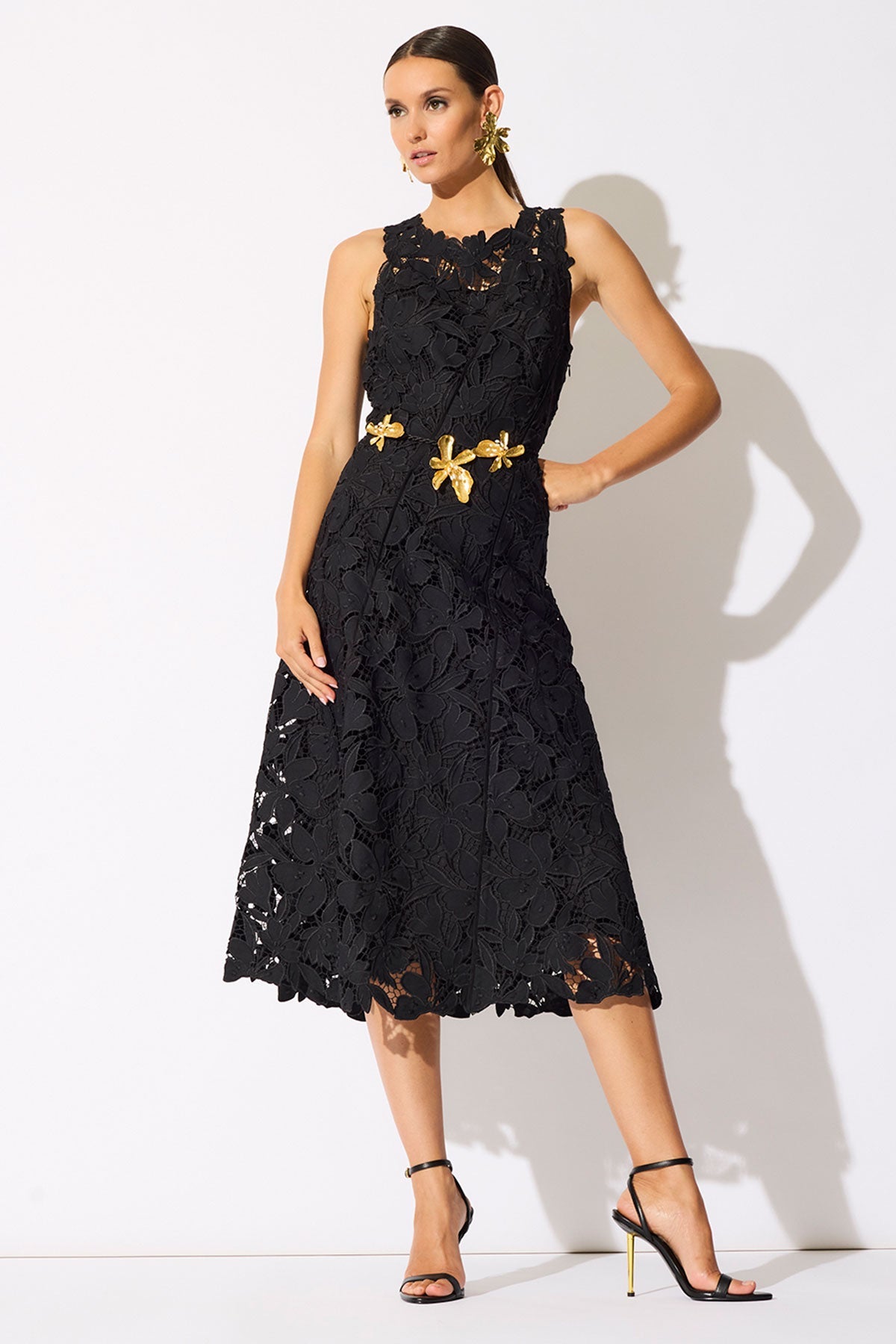 Peony Floral Lace Asymmetric Seam Dress Black Natori