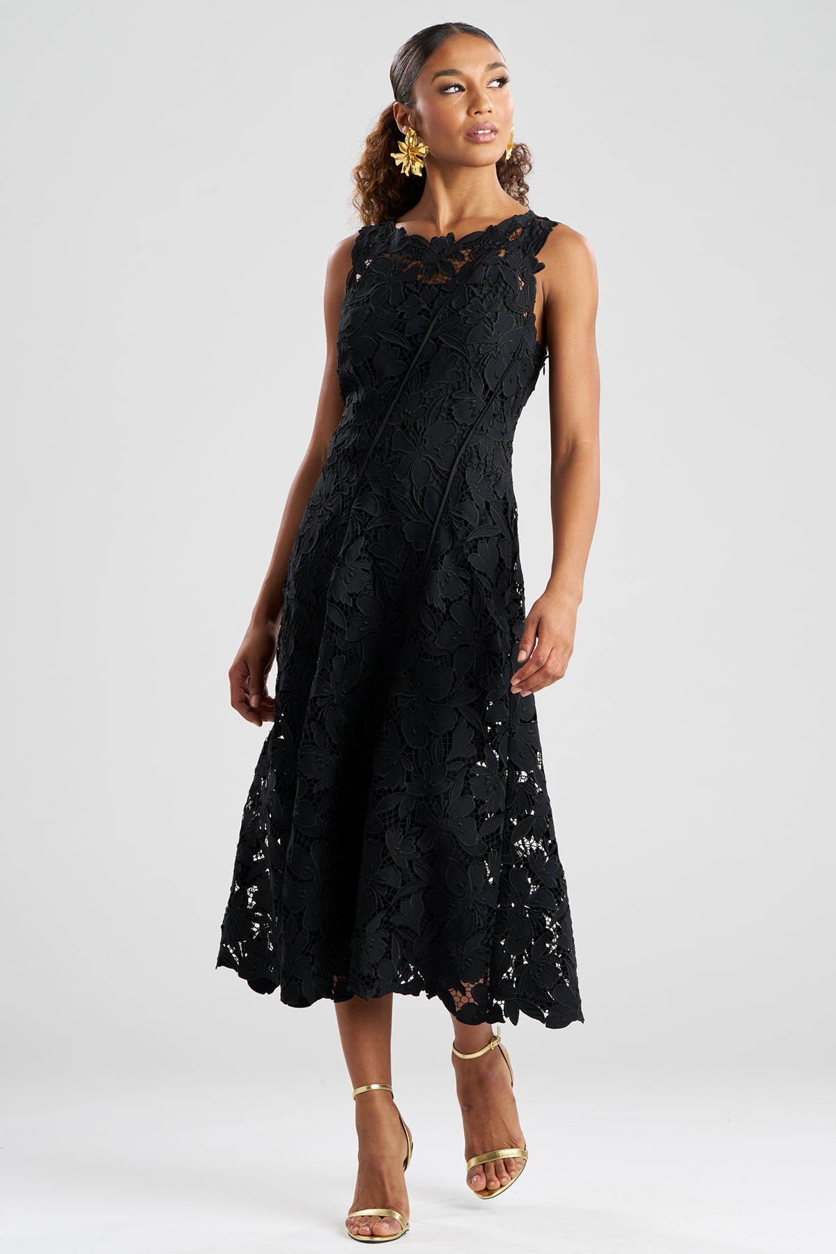 Peony Floral Lace Asymmetric Seam Dress Black Natori
