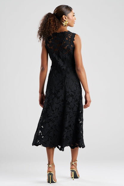 Peony Floral Lace Asymmetric Seam Dress Black Natori