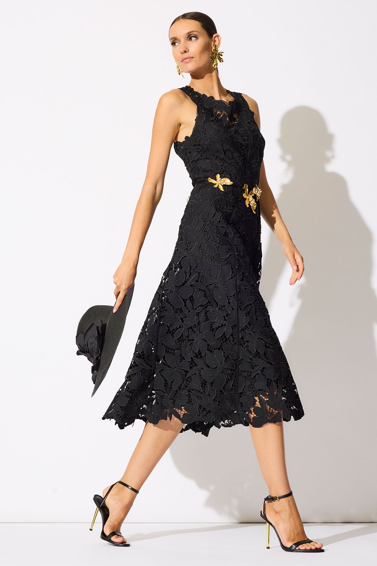 Peony Floral Lace Asymmetric Seam Dress Black Natori
