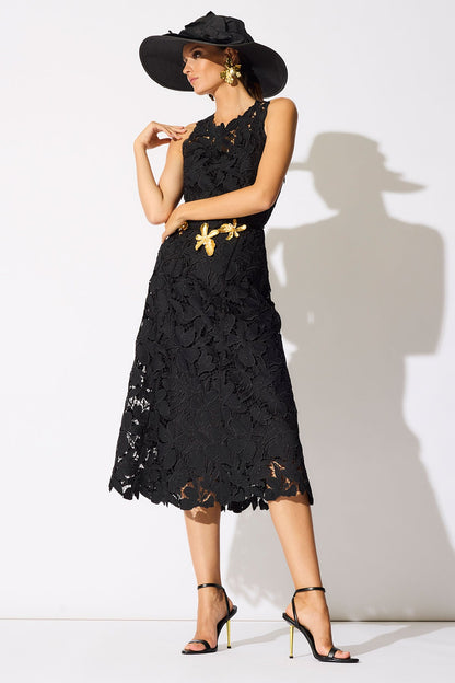 Peony Floral Lace Asymmetric Seam Dress Black Natori
