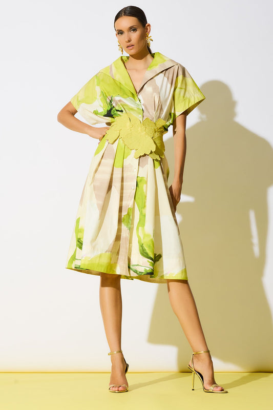 Orchid Cotton Poplin Pleat Release Button Down Shirtdress Chartreuse Natori