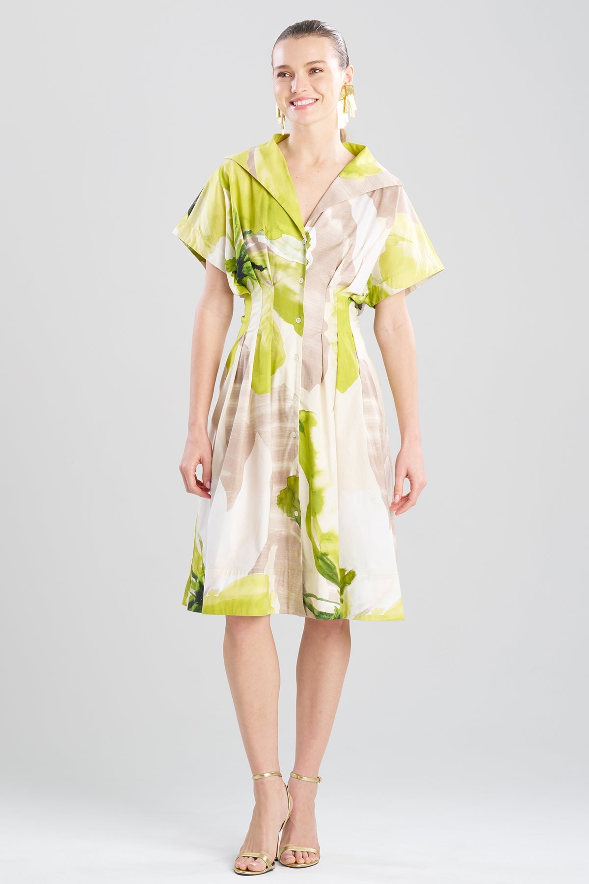 Orchid Cotton Poplin Pleat Release Button Down Shirtdress Chartreuse Natori