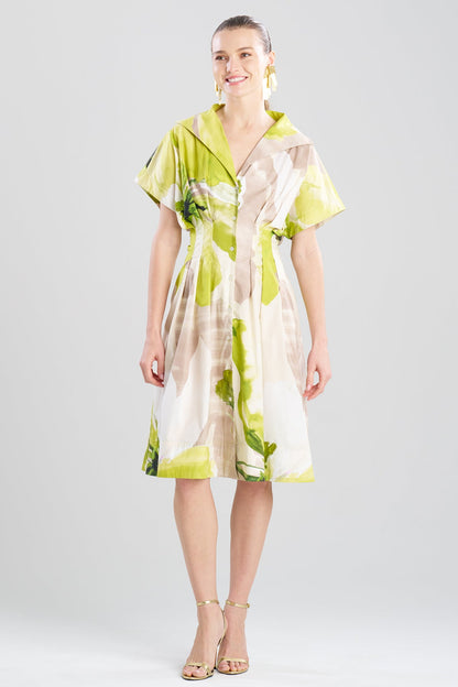 Orchid Cotton Poplin Pleat Release Button Down Shirtdress Chartreuse Natori