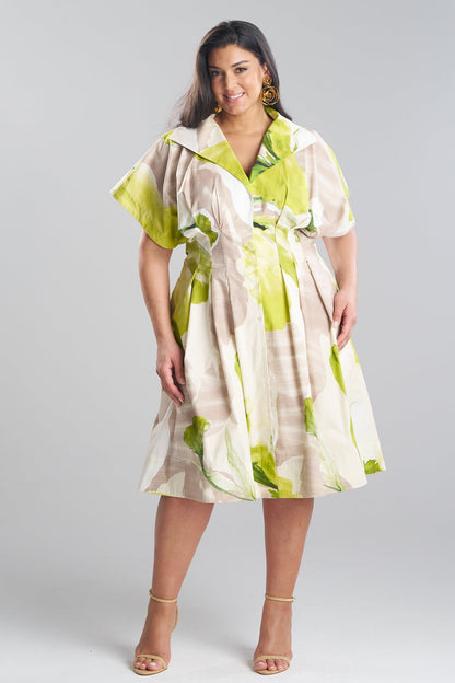 Orchid Cotton Poplin Pleat Release Button Down Shirtdress Chartreuse Natori