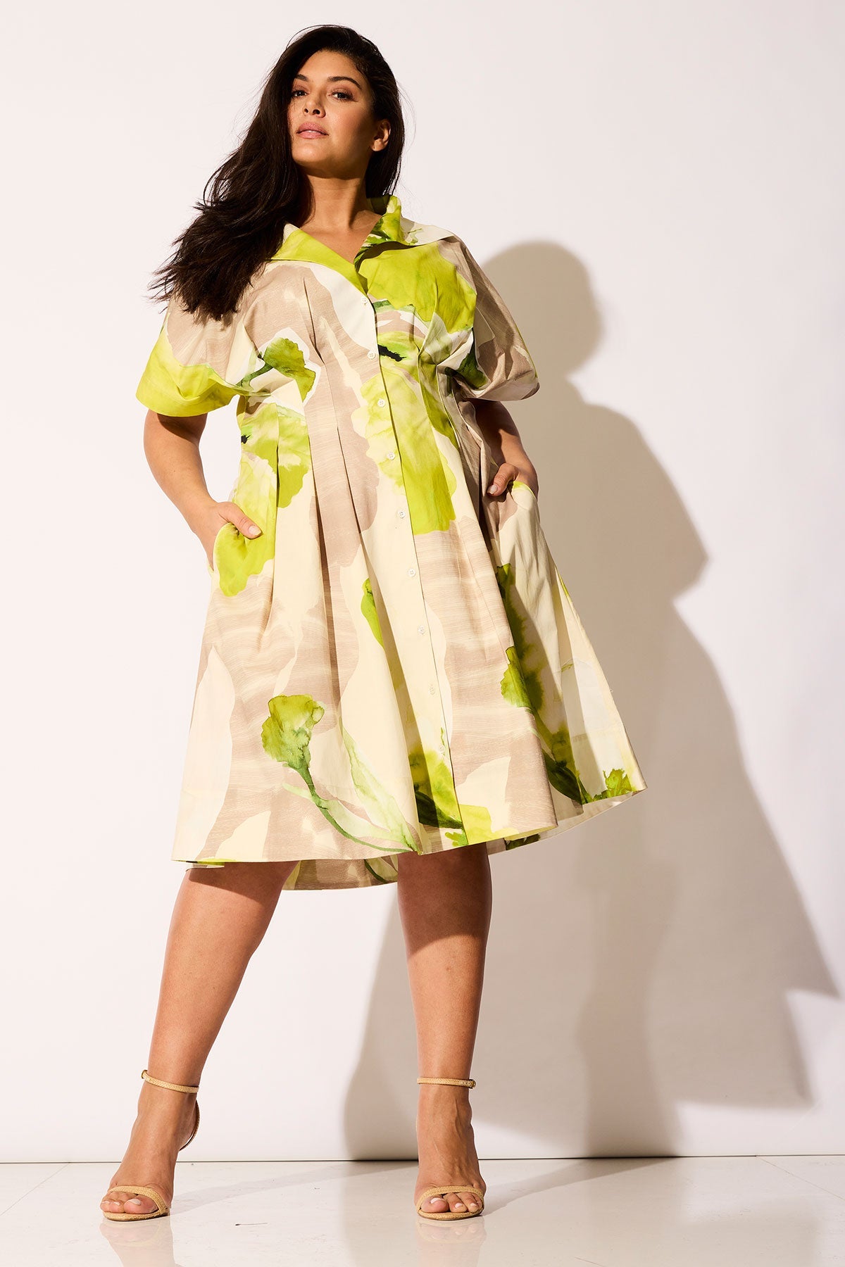 Orchid Cotton Poplin Pleat Release Button Down Shirtdress Chartreuse Natori