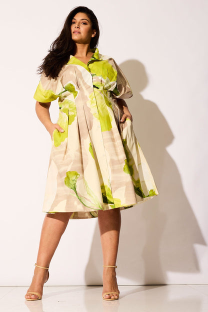 Orchid Cotton Poplin Pleat Release Button Down Shirtdress Chartreuse Natori