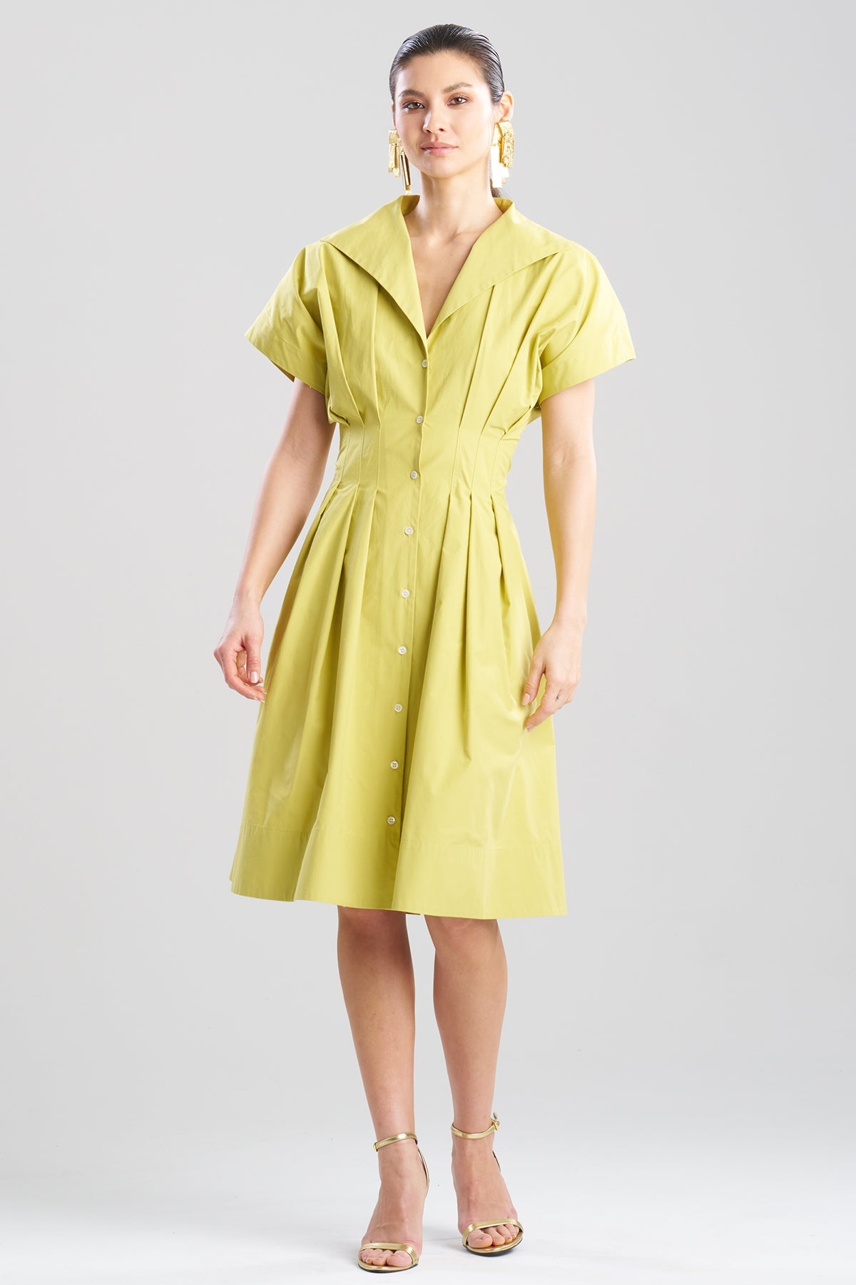 Tech Cotton Taffeta Pleat Release Button Down Shirtdress Chartreuse Natori