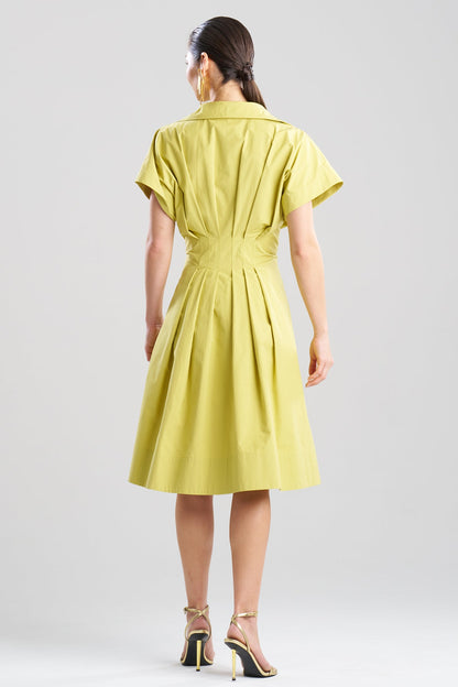 Tech Cotton Taffeta Pleat Release Button Down Shirtdress Chartreuse Natori