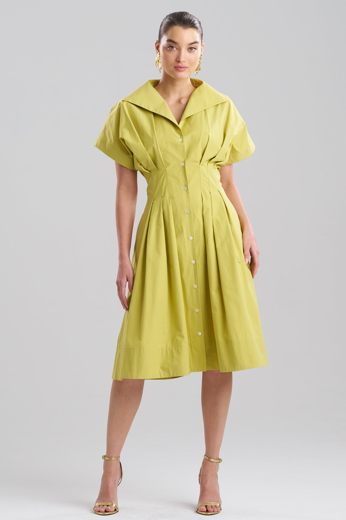 Tech Cotton Taffeta Pleat Release Button Down Shirtdress Chartreuse Natori