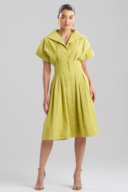 Tech Cotton Taffeta Pleat Release Button Down Shirtdress Chartreuse Natori