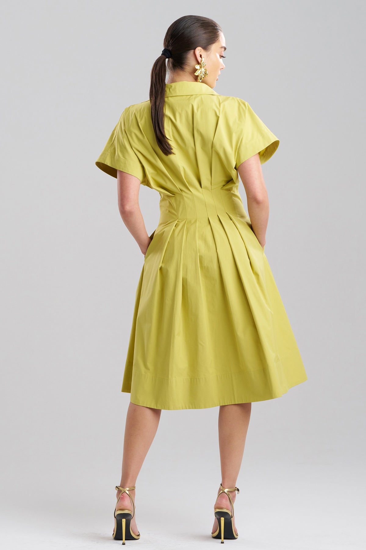 Tech Cotton Taffeta Pleat Release Button Down Shirtdress Chartreuse Natori
