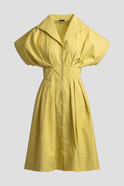 Tech Cotton Taffeta Pleat Release Button Down Shirtdress Chartreuse Natori