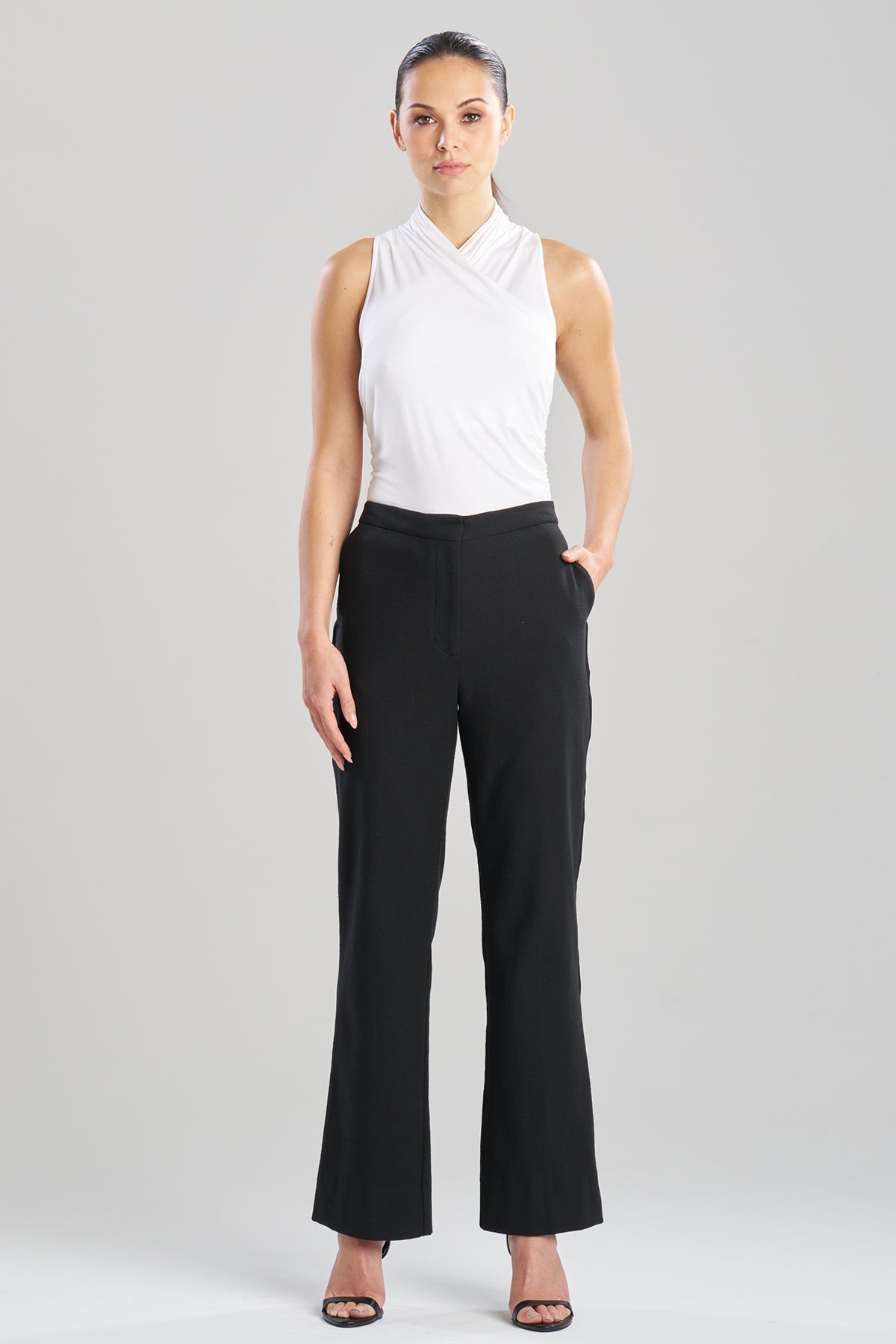 Stretch Basketweave Cotton Flare Leg Zip Pants Black Natori