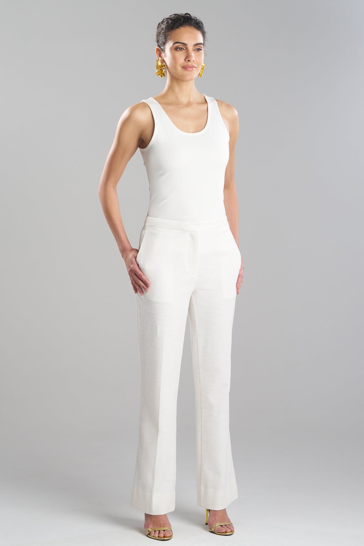Stretch Basketweave Cotton Flare Leg Zip Pants Warm White Natori
