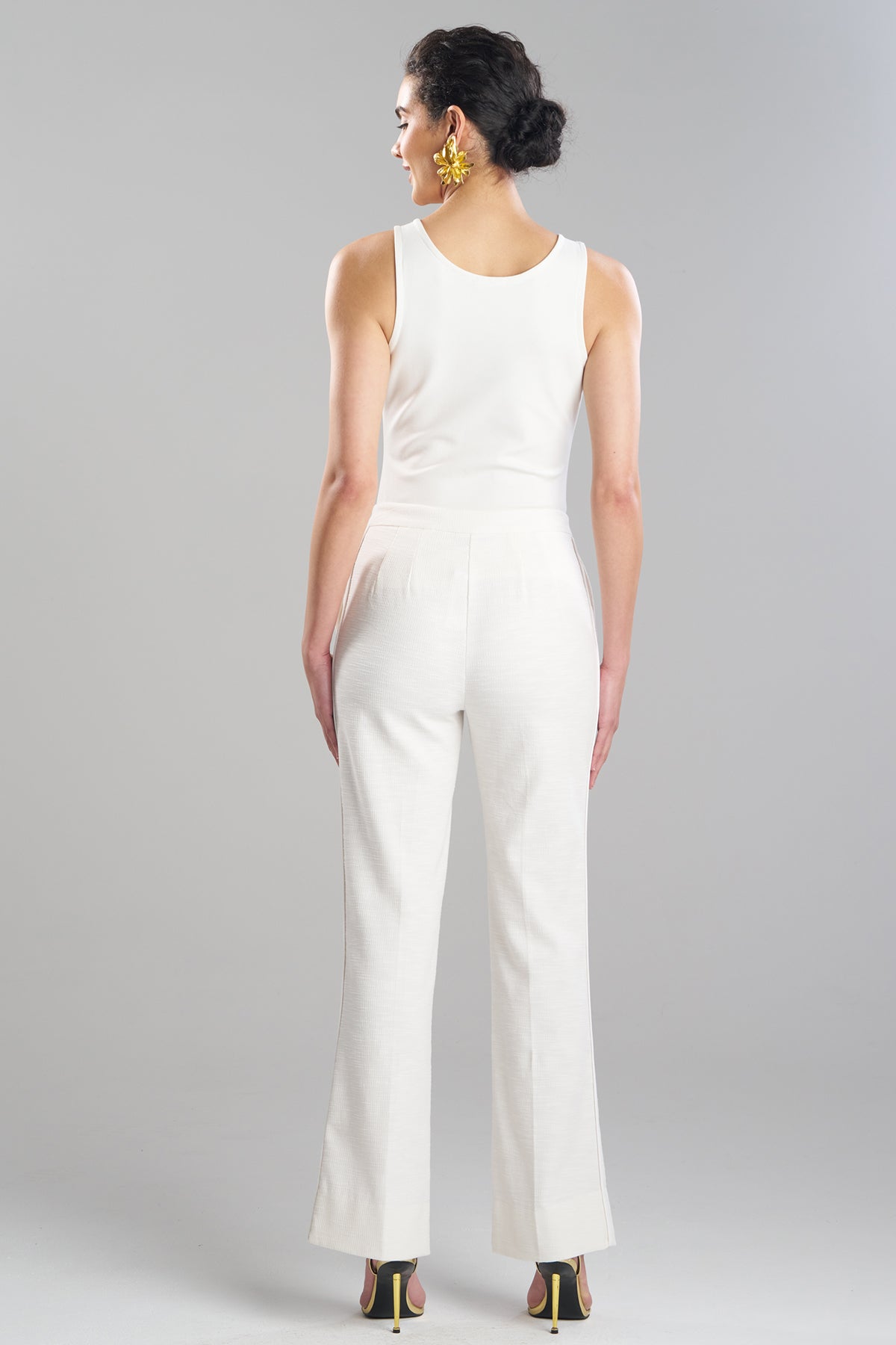 Stretch Basketweave Cotton Flare Leg Zip Pants Warm White Natori