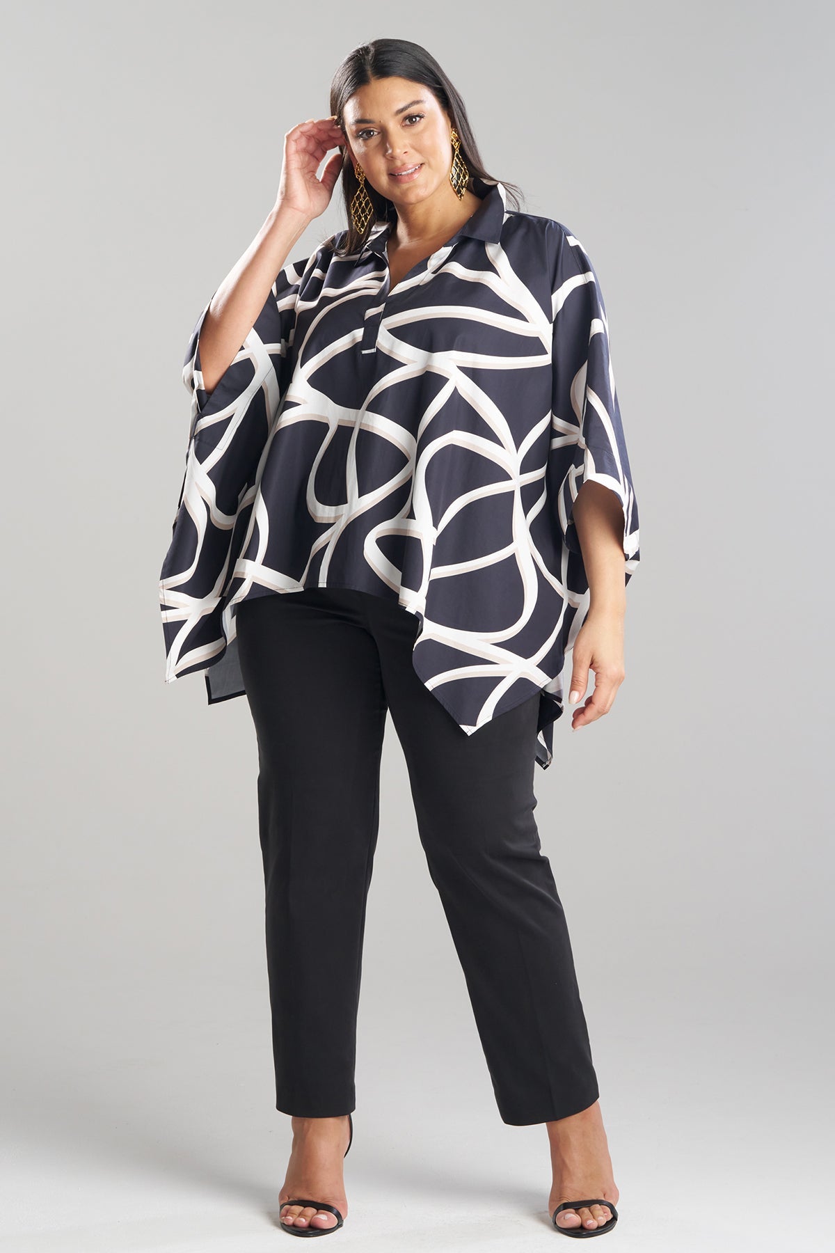 Spiral Cotton Taffeta Oversized Caftan Top Black/White Natori