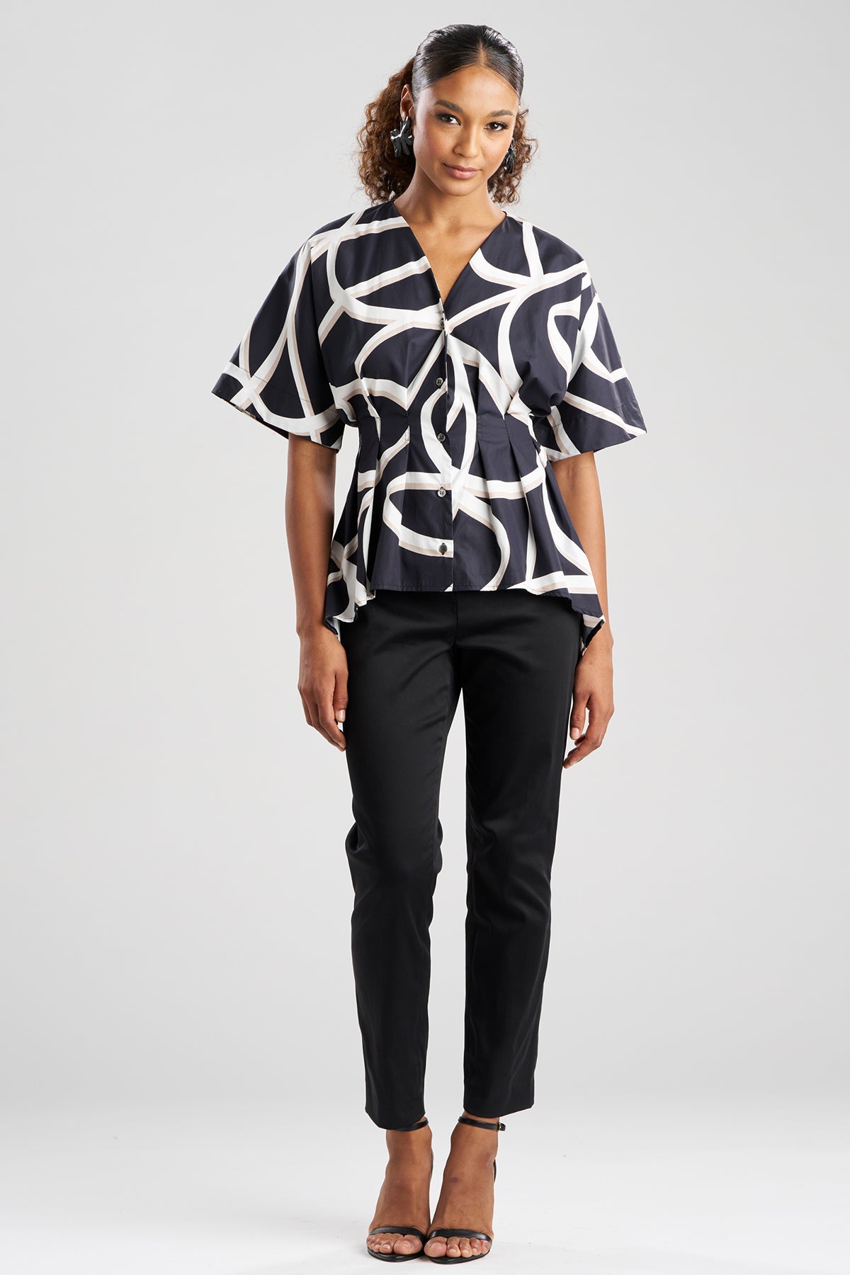Spiral Cotton Taffeta Short Sleeve Button Down Shirt Black/White Natori