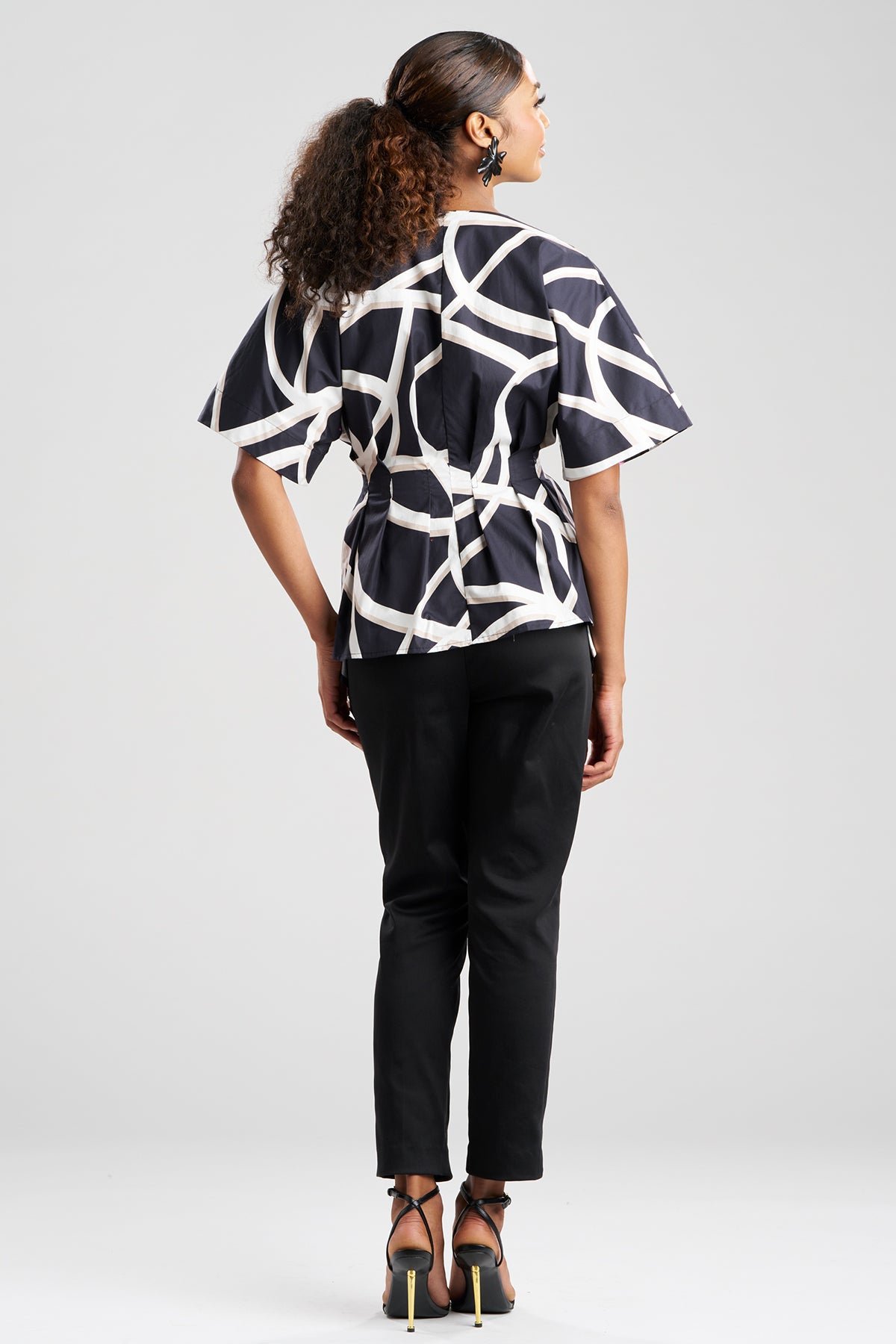 Spiral Cotton Taffeta Short Sleeve Button Down Shirt Black/White Natori